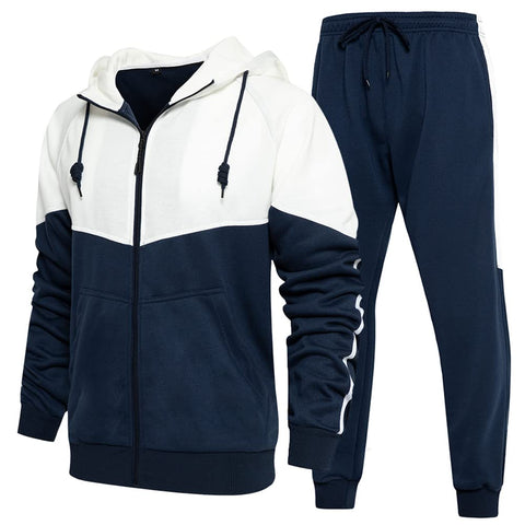 DUOFIER Men's Casual Tracksuit Long Sleeve Running Jogging Athletic Sports Set, Navy-XL