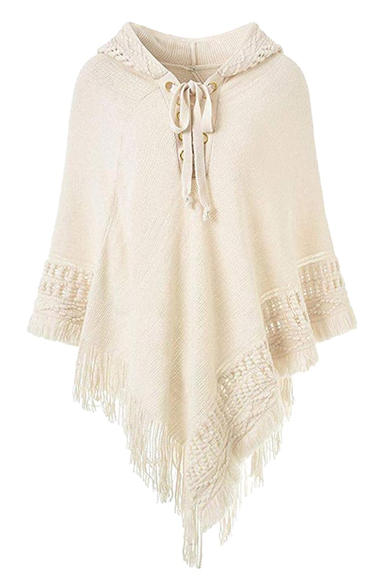 Rayson Women Knitted Warm Ponchos with Hood for Winter Elegant Solid Plus Size Fluffy Sleeves Poncho Capes Warps for Ladies with Tassels (Beige, One Size)