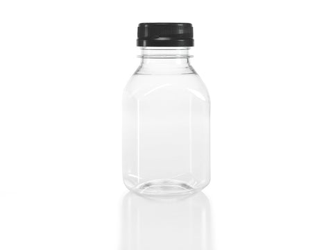 (24) 8 oz. Clear Food Grade Plastic Juice Bottles with Black Caps (24/pack)