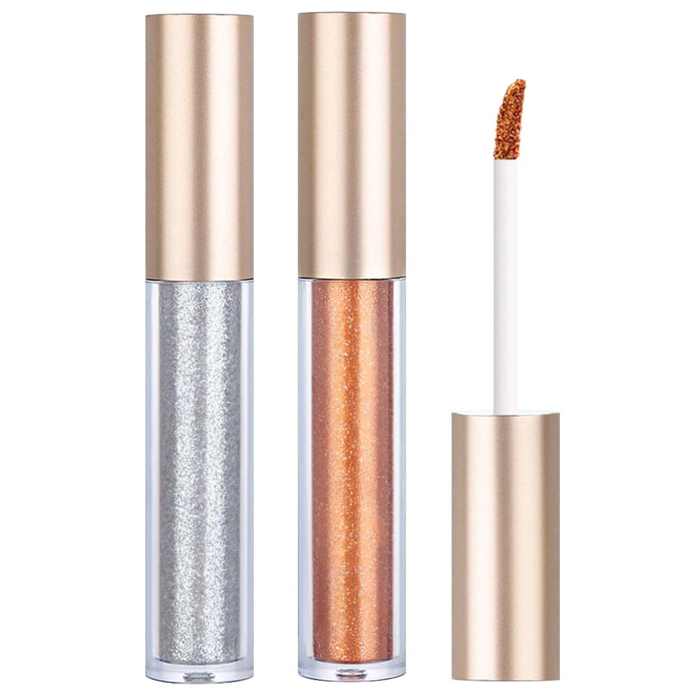 CAKAILA 2Color Gold Silver Liquid Metallic Glitter Eyeshadow Stick Set,Long LastingShimmer Gel-Based Formula,Highly Pigmented Naturing-Looking Long Lasting Waterproof Blendable