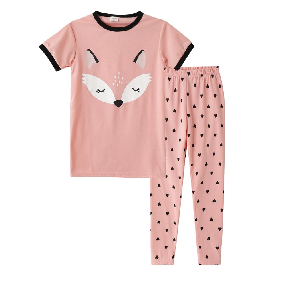 MyFav Children Girl Pajamas Heart Fox Short Sleeve and Long Pants 2 Piece Set Girls' Sleepwear, 10Y