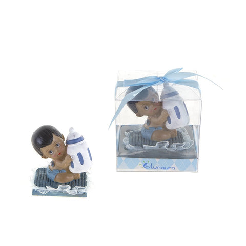 Lunaura Baby Keepsake - Set of 12 "Boy" Black Ethnic Baby Sitting on Pillow Holding Bottle Favors - Blue