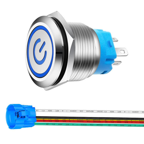 Gebildet 0.87''/22mm Blue LED Stainless Steel Latching Push Button Switch 12V-24V/5A Power Symbol LED 1NO1NC SPDT ON Off Waterproof Toggle Switch with Wire Socket Plug
