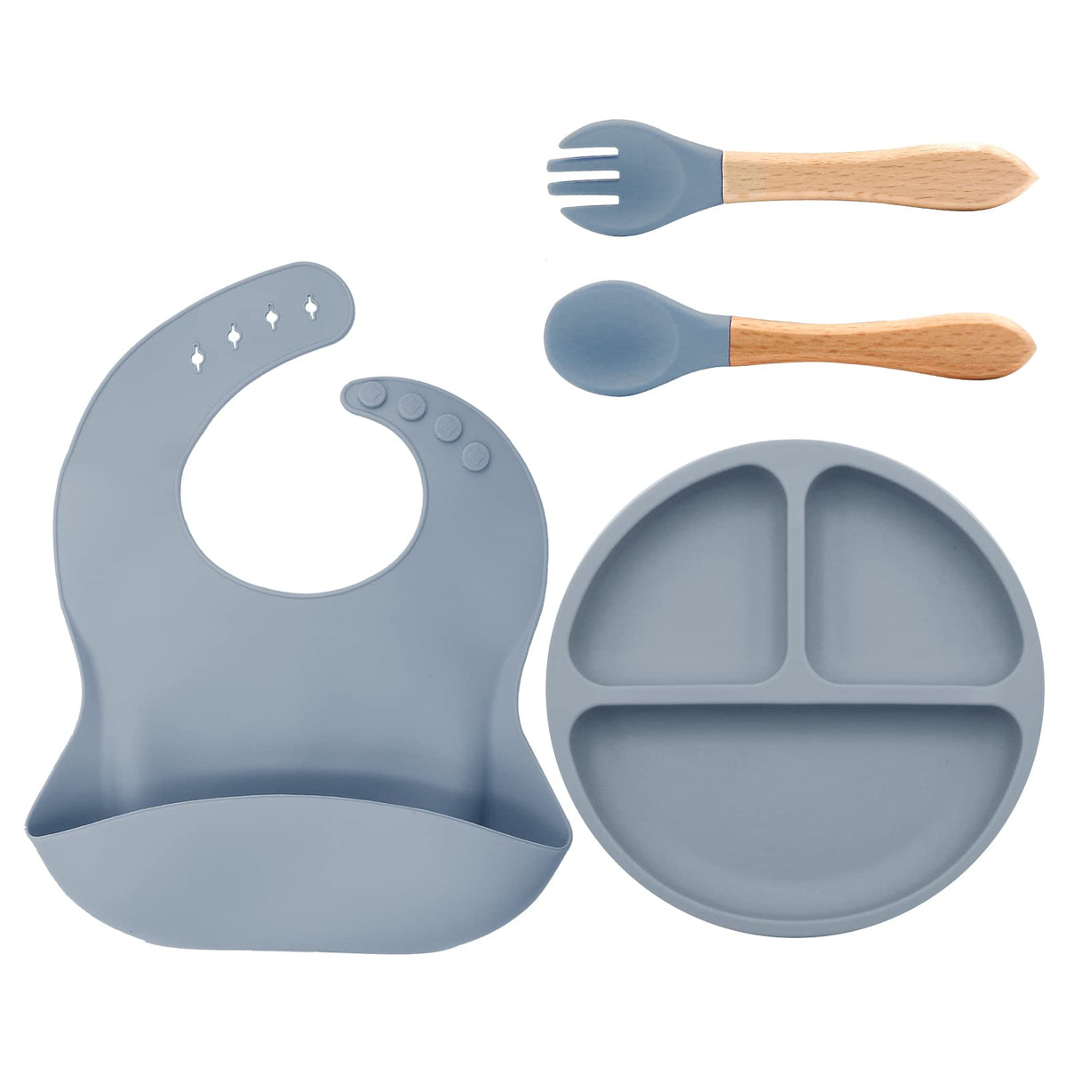 Lookka Baby Weaning Set, 4 Pcs Baby Weaning Set, Baby Suction Plate, Bib, Spoon and Fork, BPA Free Silicone Feeding Set for Babies Toddlers Kids, Blue