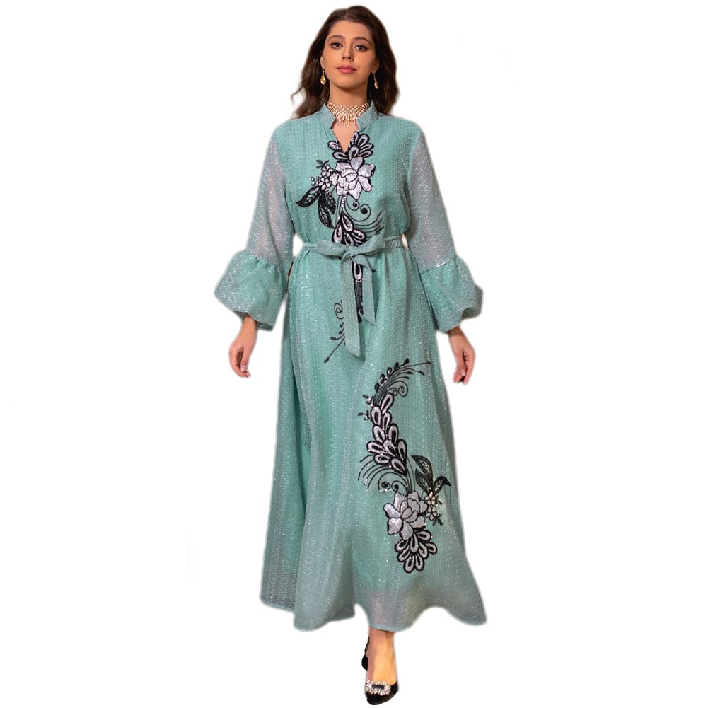IDOPIP Abayas for Women Muslim Casual Sequin Embroidery Applique Long Sleeve Maxi Kaftan Dresses Loose Full Cover Islamic Dubai Robe Abayas Middle East Modest Prayer Dress Clothes Green L