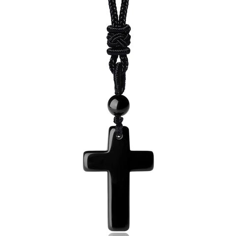 QINJIEJIE Obsidian Crystal Necklace Cross Crystals Necklaces Adjustable Black Rope Gemstone Stone Reiki Energy Quartz Jewelry for Men Women Father's Day Gift