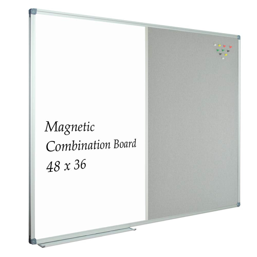 JILoffice Dry Erase Whiteboard/Grey Felt Bulletin Combination Board, Combo Board 48 x 36 Inch, Silver Aluminum Frame Wall Mounted Board for Office Home and School