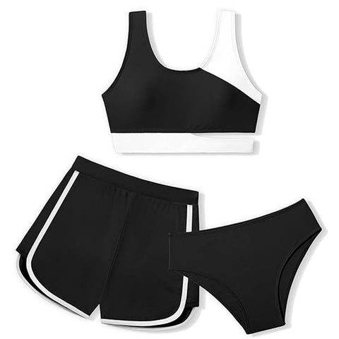 Xumplo Girls 3 Piece Bikini Set Young Girls Color Block Swimming Costume with Shorts Bathing Suit Tween Girls Surfing Swimwear 10-12 Years Black