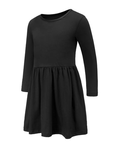 Girls Dress Cotton Long Sleeve Casual Black Dresses for Girls Kids Twirly A-line Skater Dress for School Party Age 9-10 Years