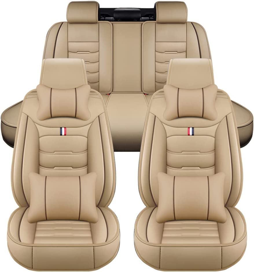 FESTAS Leather Car Seat Cover Sets for Nissan Sunny N17 2011-2018, 5 Seats Breathable Waterproof NonSlip Full Set Seat Covers, Vehicle Interior Accessories,D Beige