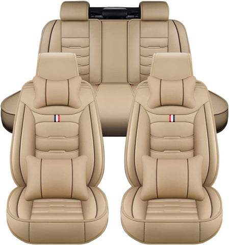 FESTAS Leather Car Seat Cover Sets for Nissan Sunny N17 2011-2018, 5 Seats Breathable Waterproof NonSlip Full Set Seat Covers, Vehicle Interior Accessories,D Beige