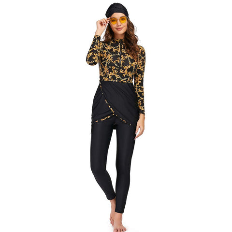 YONGSEN Muslim Swimwear Women 3pcs Islamic Burkinis Wear Bathing Suit Modest Patchwork Hijab Sport Long Sleeves Sport Swimsuit (Large) Gold
