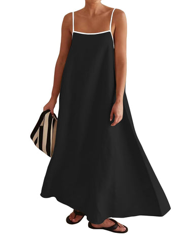 Womens Summer Linen Maxi Dress Contrast Trim Spaghetti Straps Backless Sleeveless Long Flowy Dresses (Large,Black)