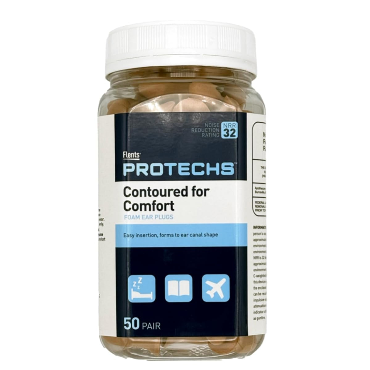 Flents Protechs Foam Ear Plugs, Contoured for Comfort, Ideal for Work with Loud Noise, Heavy Machinery, Construction, Studying & Traveling, NRR 32, Beige, Easy to Use, Made in The USA, 50 Pair