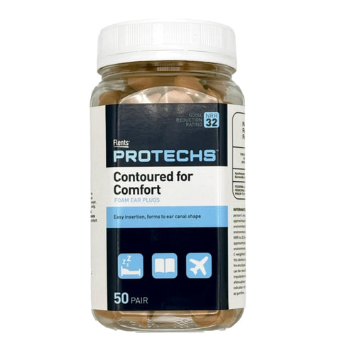 Flents Protechs Foam Ear Plugs, Contoured for Comfort, Ideal for Work with Loud Noise, Heavy Machinery, Construction, Studying & Traveling, NRR 32, Beige, Easy to Use, Made in The USA, 50 Pair