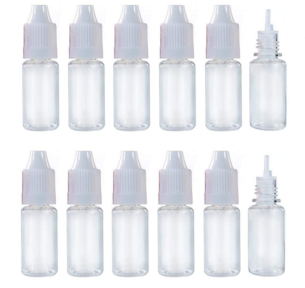 10ml/0.34oz Transparent Plastic Refillable Empty Dropping Refueling Bottles Eye Liquid Squeezable Dropper Vials Sample Packing Storage Holder Container with White Screw Cap And Removable Plug (50)