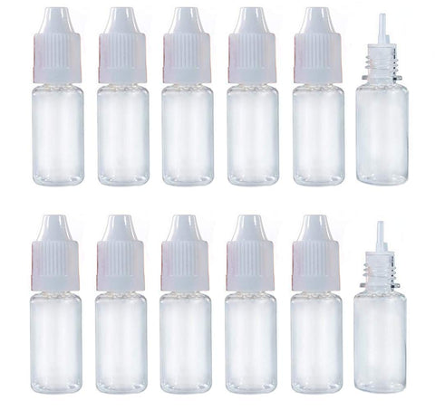 10ml/0.34oz Transparent Plastic Refillable Empty Dropping Refueling Bottles Eye Liquid Squeezable Dropper Vials Sample Packing Storage Holder Container with White Screw Cap And Removable Plug (50)