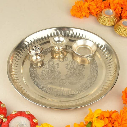 Beautiful Stainless Steel 9 inch Pooja Silver Thali Set - Puja Thali for Diwali, Dhanteras, Durga Pooja | Puja Thali for Gifting |