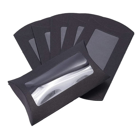 GSHLLO 50 Pcs Kraft Paper Pillow Candy Box Wedding Creative Favor Box Cookie Packaging Box Pillow Gift Box Folding Treat Boxes with Clear Window for Party Black