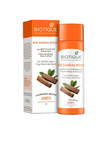 Biotique Bio Sandalwood 50+ SPF UVA/UVB Sunscreen Ultra Soothing Face Lotion, 120 ml|Bio Sandalwood Face & Body Sun Cream Spf 50 Uva/Uvb Sunscreen For All Skin Types,50gm|Set of 2 Items