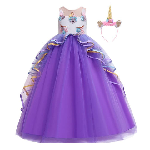 HIHCBF Girls Unicorn Costume Pageant Princess Party Dress Wedding Birthday Halloween Carnival Long Maxi Gown w/Headband Purple 6-7T