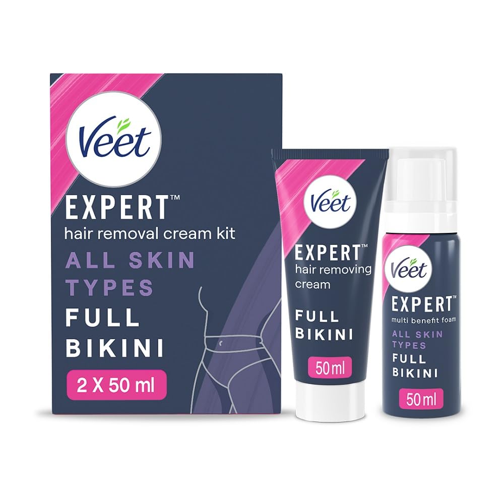 Veet Expert Hair Removal Cream Kit, Full Bikini, All Skin Types, Hair Removal Cream & Multi Benefit Foam, 2 x 50ml each, With Shea Butter