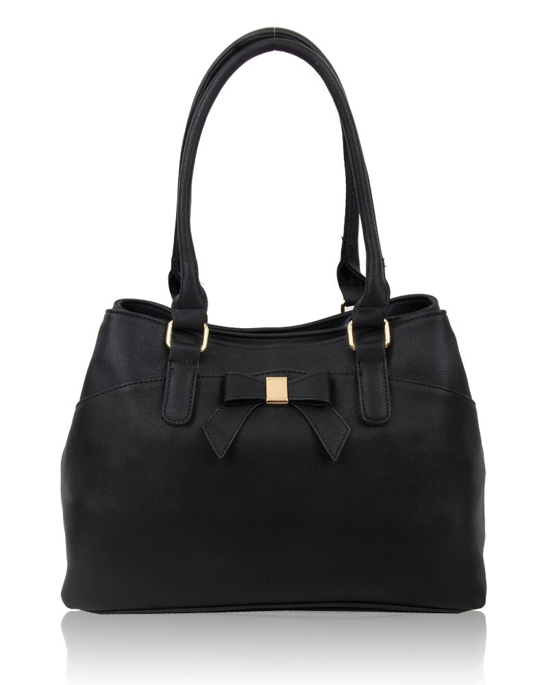 Womens Elegant Soft PU Leather Top-Handle Multi-Compartment Fashion Handbag Shoulder Tote Shopper Hobo Bag With Bow Detail(Black)