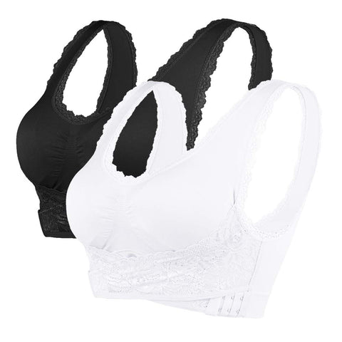 Women Wireless Lace Bra - Adjustable Front Cross Side Buckle Sport Bras Seamless Comfy Wide Straps Underwear Plus Size for Leisure Yoga Running Activewear, Black+white, XL