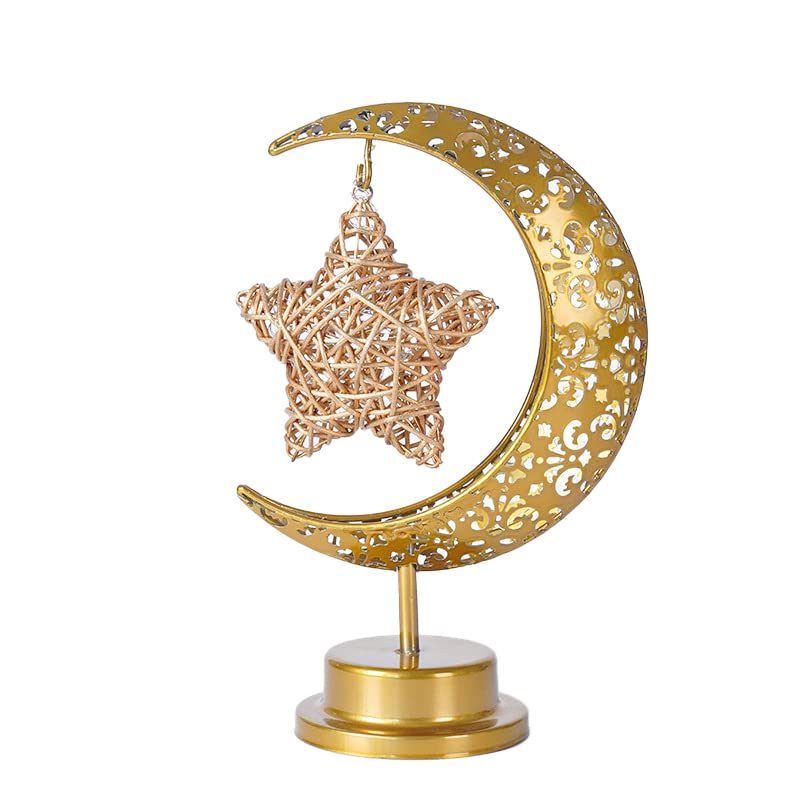 Ramadan Moon Lamp, LED Lights Decorations Eid Mubarak Lunar Lamp with Star, Lantern Small Night Craft Candle Lamps Decor for Home Table Bedroom Festival Party (C)