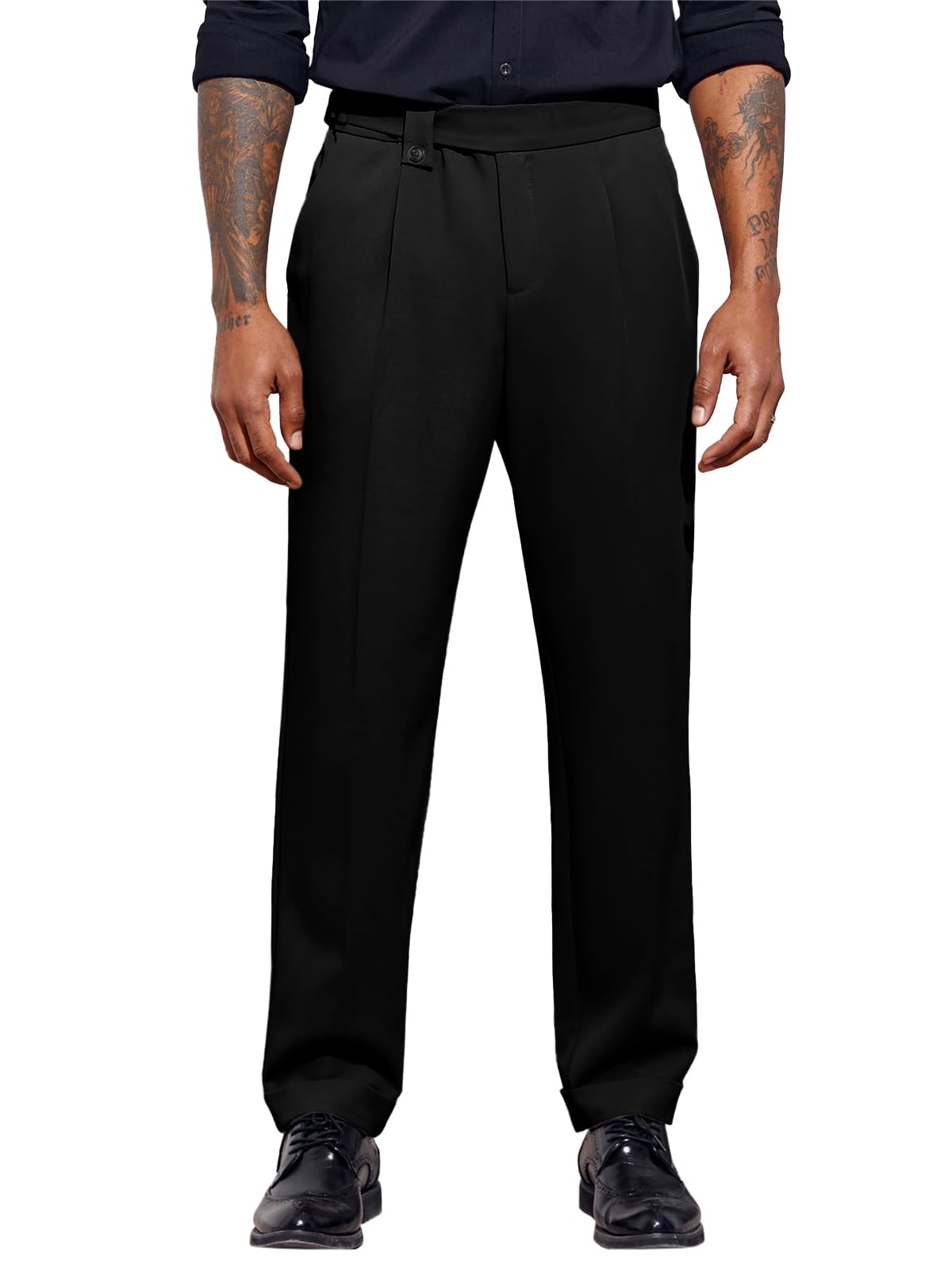 Runcati Mens Dress Pants Pleat Front Slim Fit Chino Business Cotton Tapered Pants Black