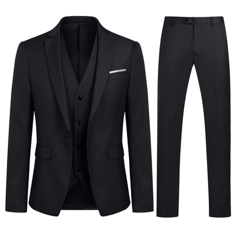 Allthemen 3 Piece Slim Fit Suit Wedding Dress Casual One Button Lounge Suit, Black, M