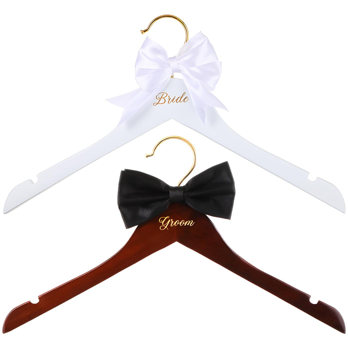 Beeveer 2 Pcs Bride Hanger Bride and Groom Wedding Dress Hanger Set Brown Wooden Wedding Hanger with Bow Tie for Tuxedo Suit Bridal Hanger with Bow Wedding Gift Bridal Party Shower (Simple)
