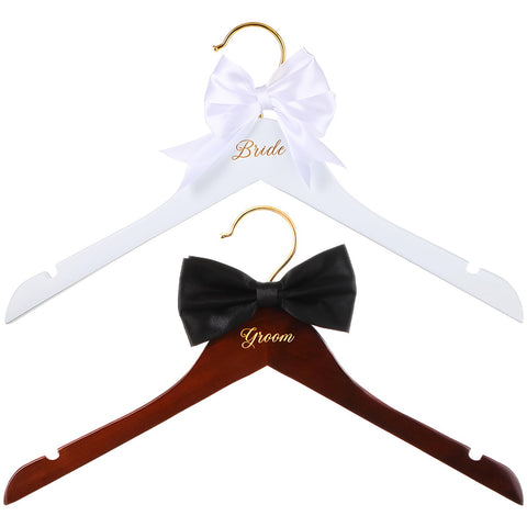 Beeveer 2 Pcs Bride Hanger Bride and Groom Wedding Dress Hanger Set Brown Wooden Wedding Hanger with Bow Tie for Tuxedo Suit Bridal Hanger with Bow Wedding Gift Bridal Party Shower (Simple)