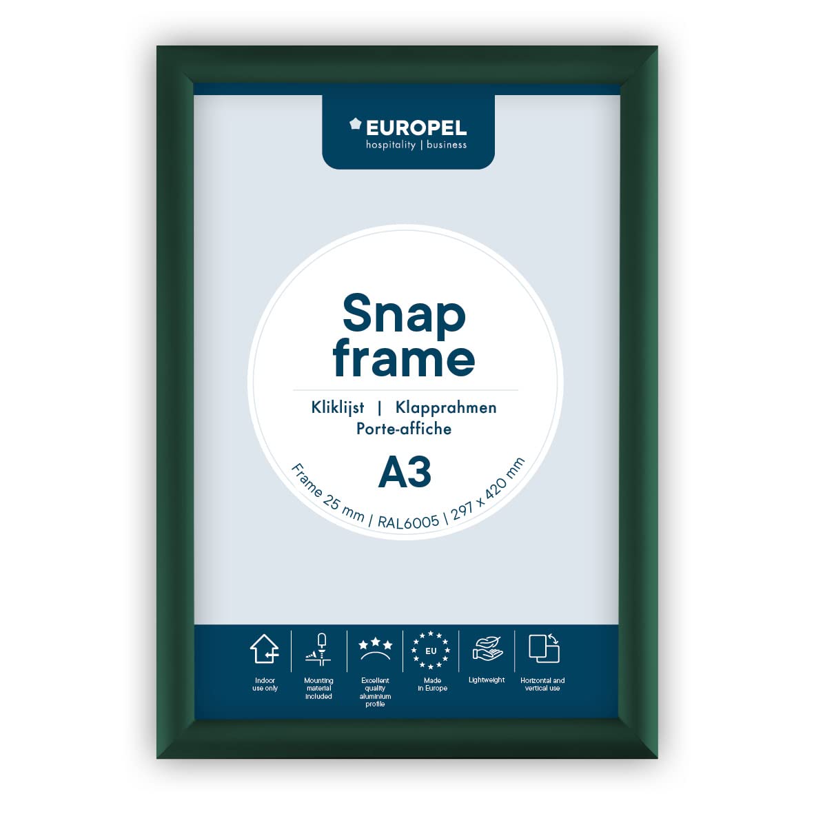 Europel lightweight Snap frame A3, Green, Profile 25x11 mm, Anodized aluminum, anti-reflective protector, External dimensions 328x451 mm, Grey polystyrene back
