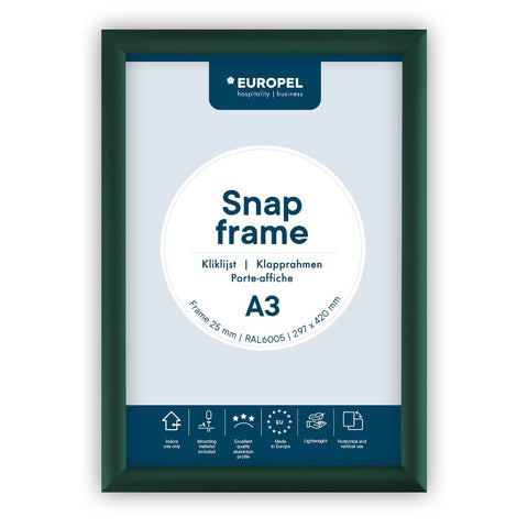Europel lightweight Snap frame A3, Green, Profile 25x11 mm, Anodized aluminum, anti-reflective protector, External dimensions 328x451 mm, Grey polystyrene back