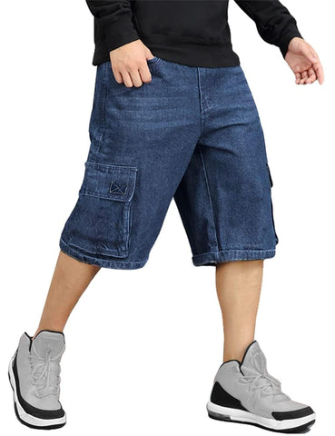 IDEALSANXUN Cargo Shorts for Men Casual Loose Fit Baggy Jean Denim Shorts(Cargo Blue, 36)