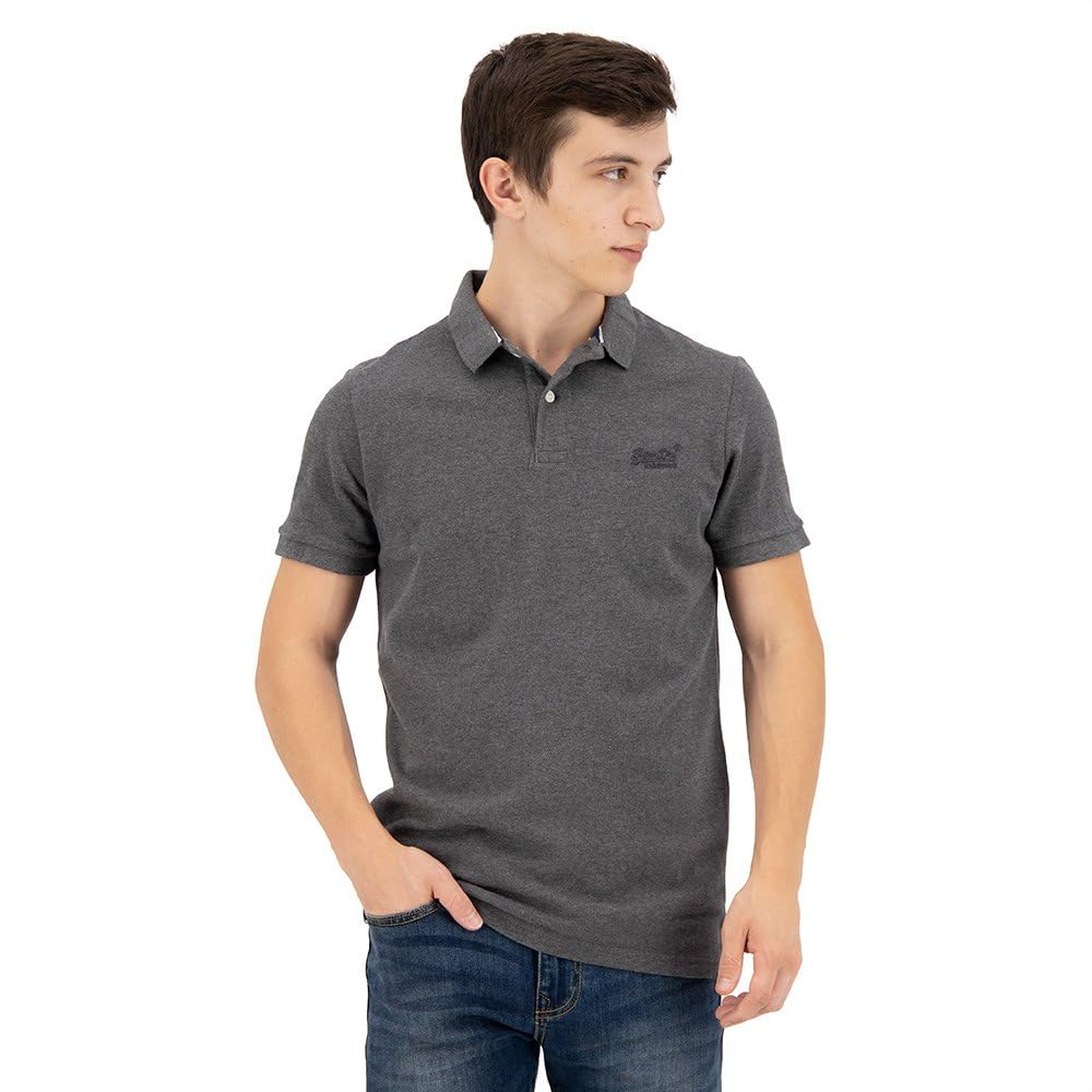 Superdry Mens Classic Pique Polo Shirt, Relaxed Fit, Pique Fabric Rich Charcoal Marl Size S