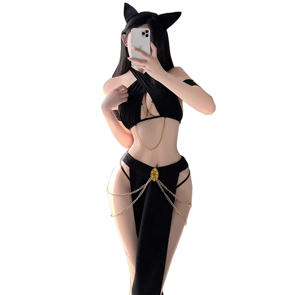 QNCLO Women's cosplay sexy pajamas Chinese cheongsam Japanese geisha dance underwear (black)