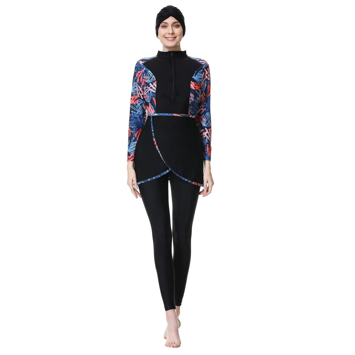 Burkini Swimsuits for Women: Modest Muslim Islamic Swimwear Long Sleeve Rashguard Sets Burkinis Full Cover Hijab Swim Cap Swim Dress Tops Pants 3 Piece Bathing Suits Black + Red Floral Medium