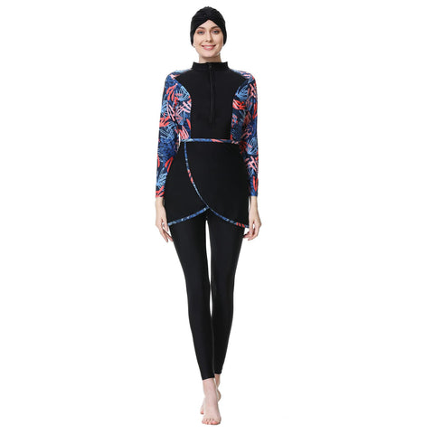 Burkini Swimsuits for Women: Modest Muslim Islamic Swimwear Long Sleeve Rashguard Sets Burkinis Full Cover Hijab Swim Cap Swim Dress Tops Pants 3 Piece Bathing Suits Black + Red Floral Medium