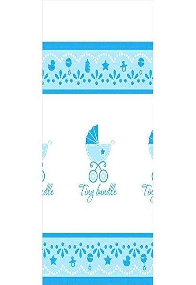 Celebrate Baby Boy Shower Party "Tiny Bundle" Table Cover Tableware, Blue and White, Plastic , 54" x 102"