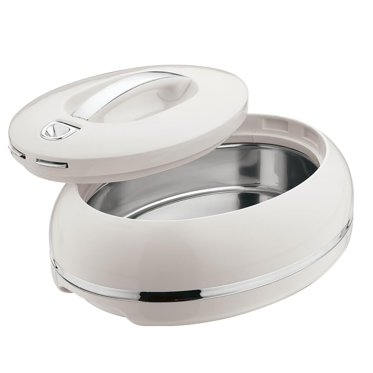 Elegant Large Oval Insulated Casserole Carrier Dish- One Hand Open Lid- 3.15 qt. Luxury Hot Pot Food Warmer/Cooler -Thermal Serving Bowl For Buffet/Parties-Stainless Steel Hot Food Container - silver