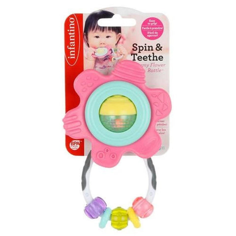 Infantino Spin & Teethe Gummy Yellow Flower Rattle - Easy to Grab, Chewy Rings, Multi-Texutre Petals, Roller Ball Center - Teething & Sensory Play, Ages 0 Months +