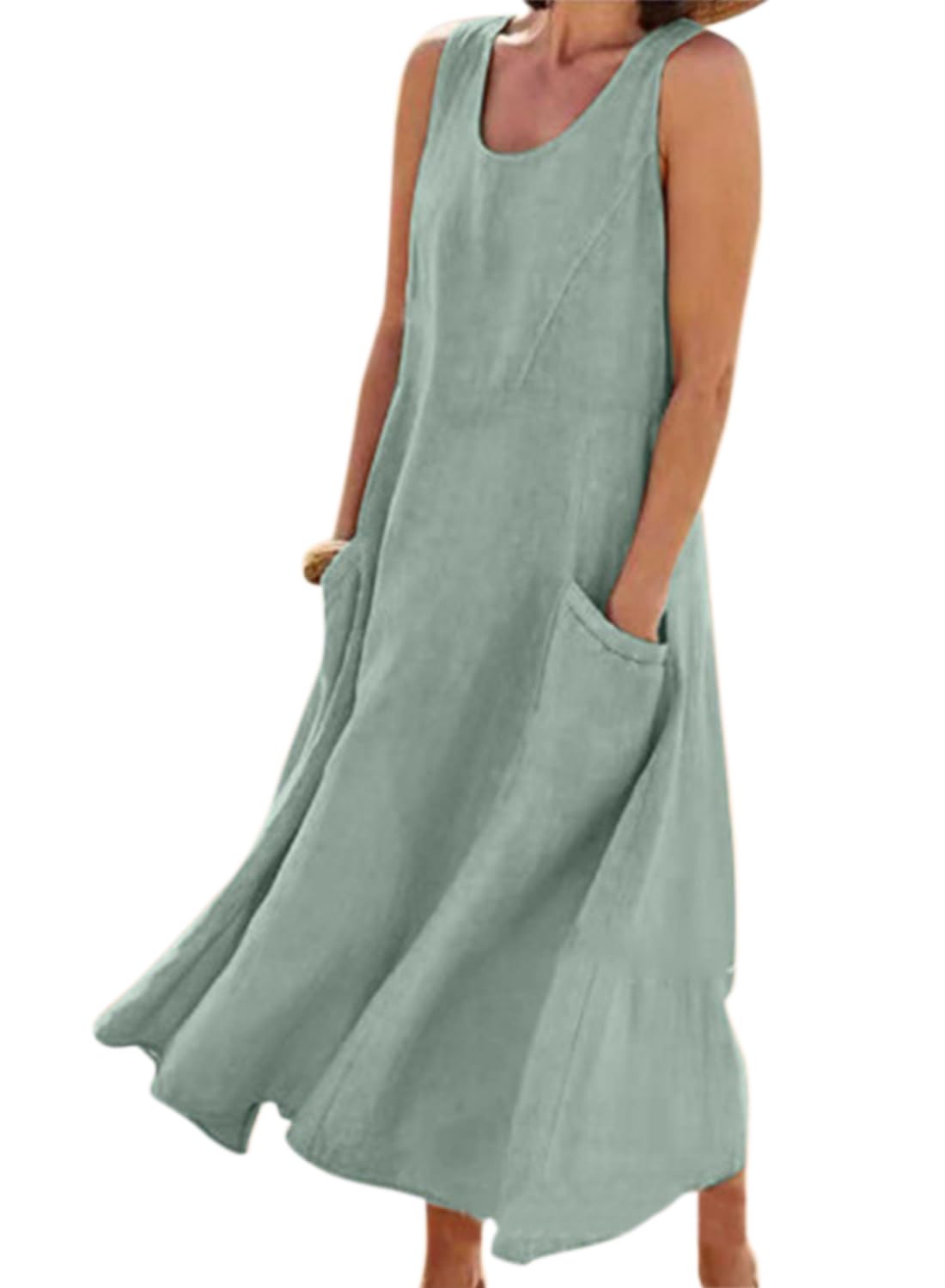 yoeasy Women's Cotton Linen Casual Loose Pockets Long Dress Plain Sleeveless Tank Dress (X-Large, Green)