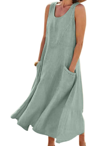 yoeasy Women's Cotton Linen Casual Loose Pockets Long Dress Plain Sleeveless Tank Dress (X-Large, Green)