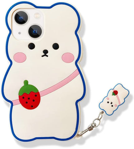 Yatchen Kawaii Phone Cases Apply to iPhone 14 Pro Max,Cute Cartoon Bear Phone Case with Keychain Strawberry Bear Phone Case 3D iPhone 14 Pro Max Case Soft Silicone Shockproof Cover for Women Girls
