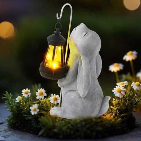 Solar Rabbit Garden Figures with Lantern - Rabbit Garden Decoration Figures Weatherproof Solar Rabbit Garden Statues for Outdoor Balcony Patios Gifts for Women Men Mum Birthday 27 cm