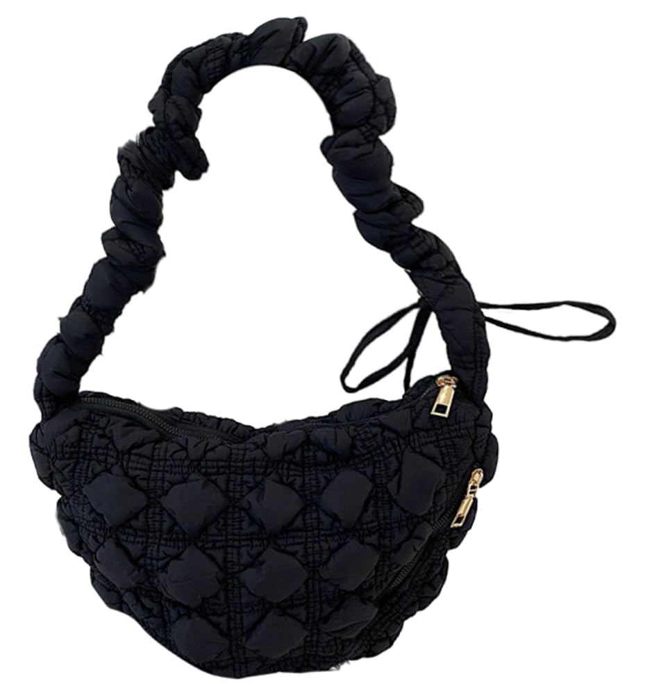 Quilted Tote Bags for Women Puffer Bag Puffy Hobo Purse Lightweight Cloud Cotton Crossbody Shoulder Bag, Black, M