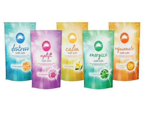 Elysium Bath Salt Bundle of 5, 1kg each : Destress, Uplifting, Calm, Energizing and Rejuvenate