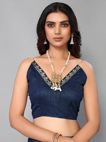 "	 SICHI Women'S Lycra Lace Work Saree With Unstitched Blouse Piece, Navy Blue3, One Size"